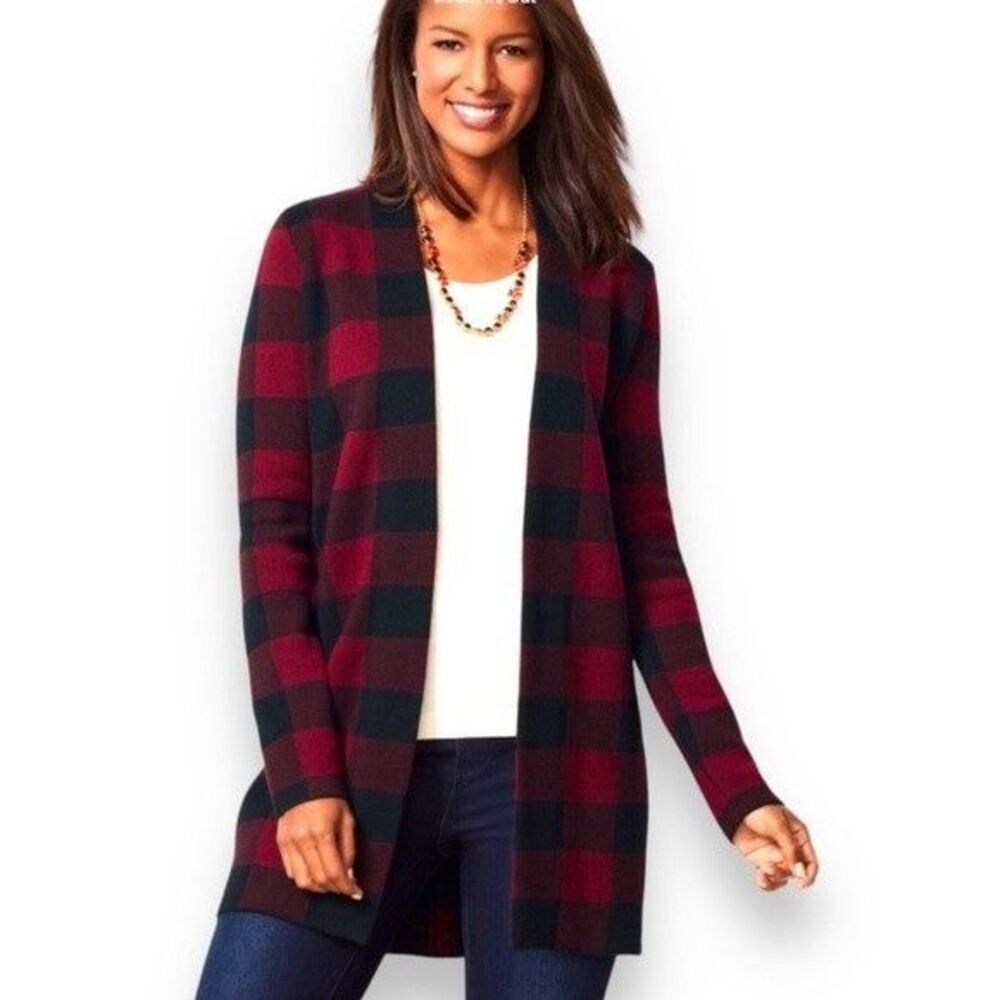 Talbots Merino Wool Buffalo Plaid Open Front Cardigan Size XL
